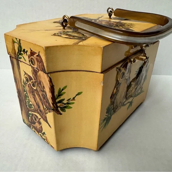 Wood Box 3D Decoupage Purse Octagon Brass Clasp Owls Vintage 60s/70s - Picture 7 of 16